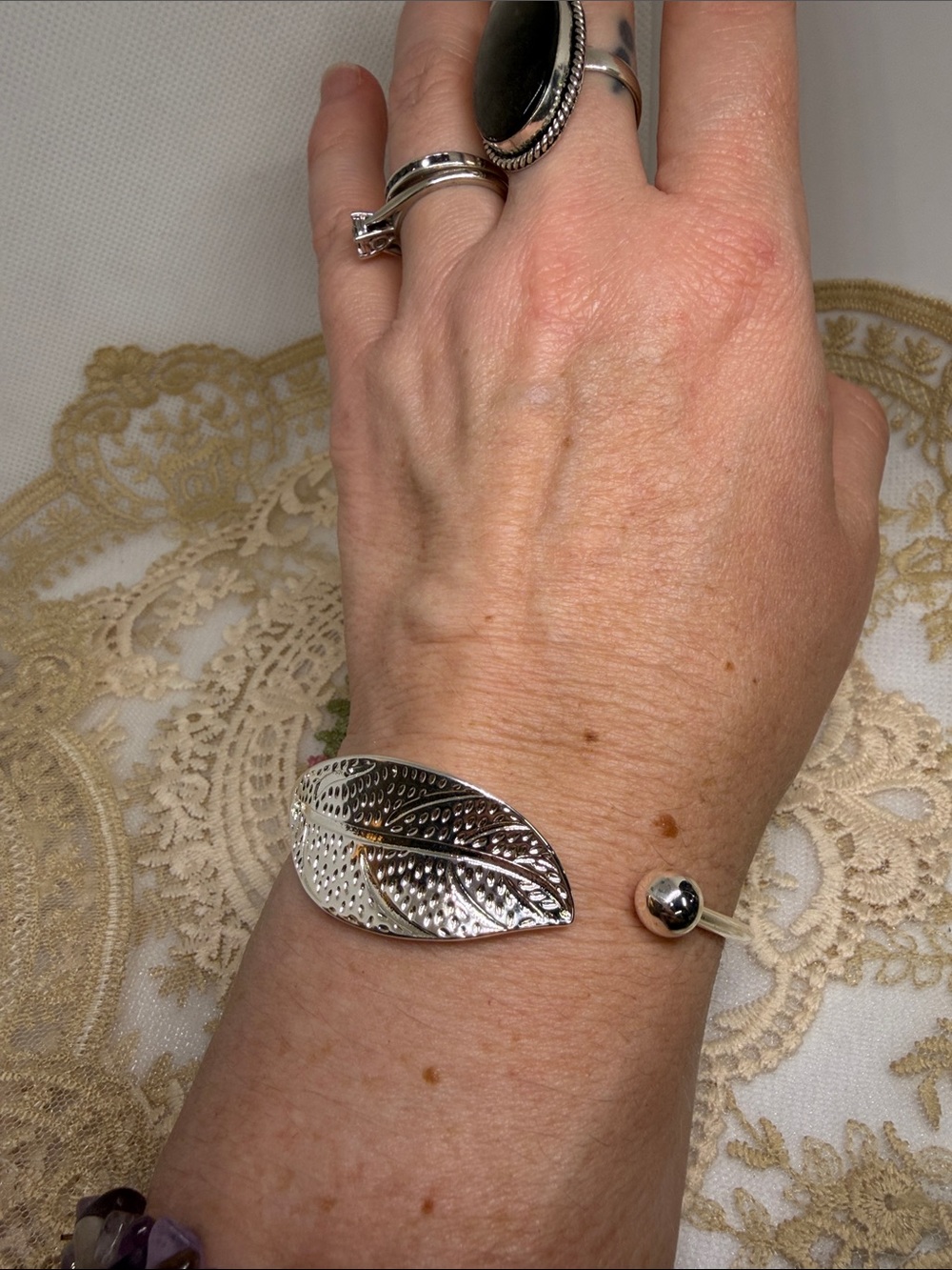 925 Sterling Silver Leaf Open Cuff Bracelet Adjustable Natural Vibe Statement - Picture 4 of 7